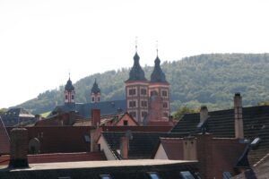 Blick über die Dächer zur Abteikirche Amorbach