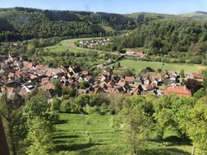 Blick vom Schlossturm auf Dorf und Fluss