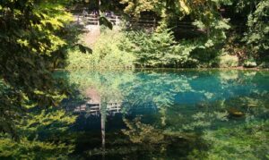 Blautopf: Türkisblaue Karstquelle im Wald