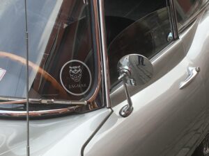 Nahaufnahme des charakteristischen Jaguar-Logos an der Seitenscheibe