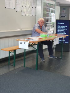 Helfer am Einlasstisch mit Namensschildern